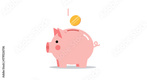 Piggy bank illustration with falling coin, promoting savings and financial literacy for personal finance, investment planning, and retirement savings goals.