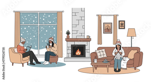 Cozy Winter Scene with People Relaxing Indoors by the Fireplace During Snowfall, Ideal for Representing Home Comfort and Winter Relaxation.