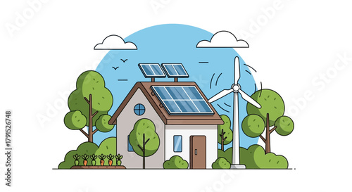 Eco-Friendly Home Illustration Featuring Solar Panels, Wind Turbine, and Lush Greenery Promoting Sustainable Living and Renewable Energy Solutions