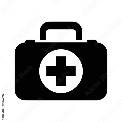 Black silhouette of a first aid kit with a white cross symbol inside a circle