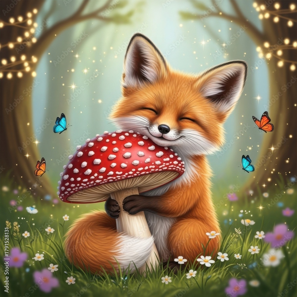 Fototapeta premium Cute fox hugging a mushroom in a magical forest with butterflies