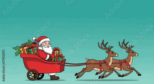 Santa Claus and his reindeer flying through the sky delivering gifts.