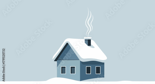 Cozy Winter House with Snow-Covered Roof and Smoking Chimney.