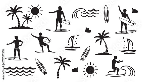  Collection of hand drawn surf elements including surfers palm trees sun and waves