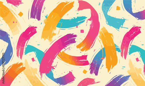 Fundo abstrato com pinceladas vibrantes e formas geométricas em vetor, com textura suave e cores alegres.