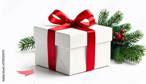 Festive White Gift Box with Red Ribbon  Evergreen Branch on White Background.