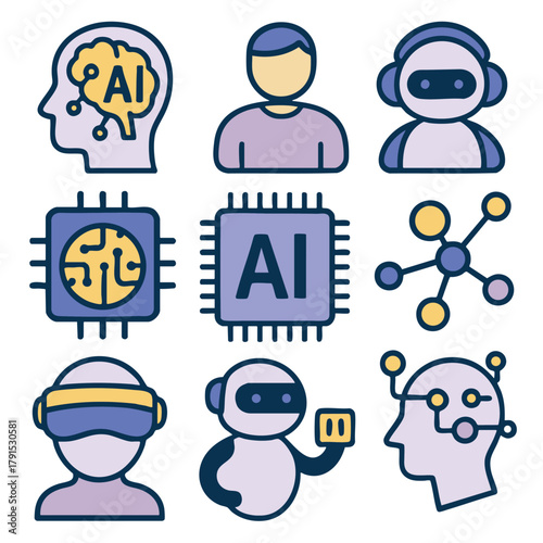 Artificial intelligence icon set, including robot, chip, neural network, human, and technology