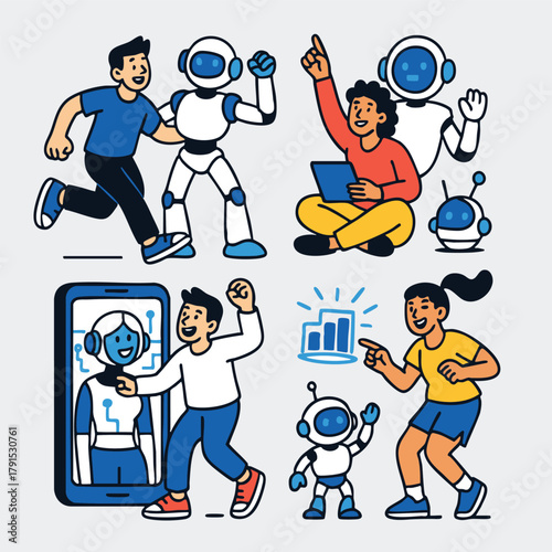 People robot technology cartoon happy interaction digital future describe people and robots