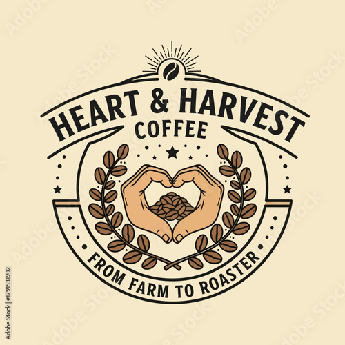 Artistic coffee logo with heart hands and beans celebrates farm to roaster journey