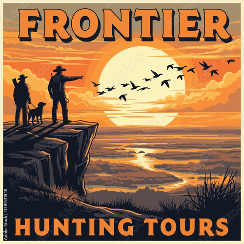 Adventurous hunters and dog scout vast frontier landscape at sunrise seeking thrilling hunting tours.