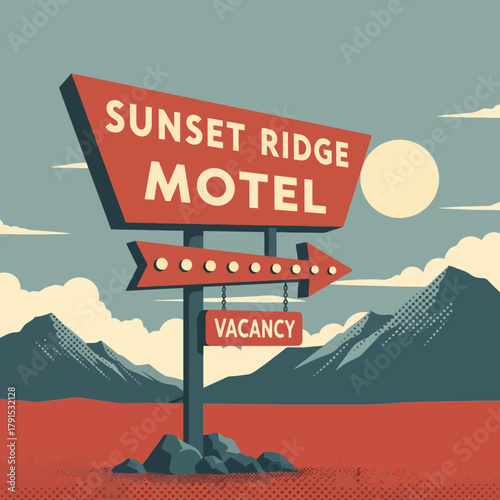 Retro motel sign with vacancy and mountain landscape evokes nostalgia and travel adventure