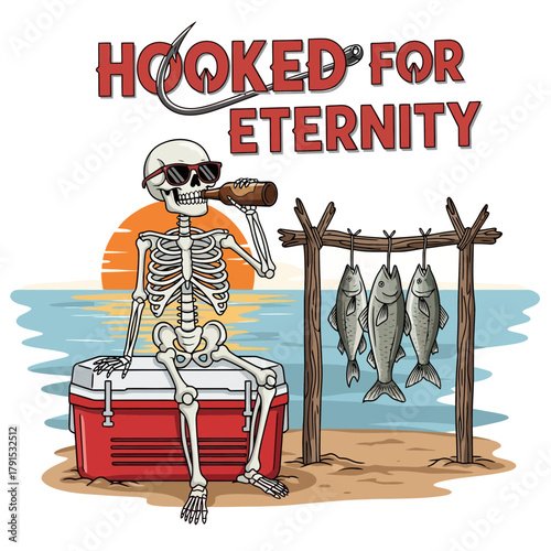 Humorous skeleton enjoying fishing, drinking, and sunset view by the ocean, comical and unique