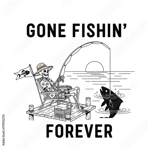Humorous skeleton fishing off a pier for eternity, a whimsical and quirky design, gone fishin' forever