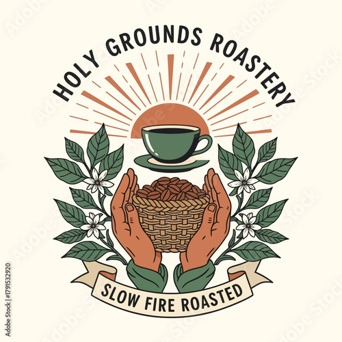 Artistic coffee emblem celebrates slow fire roasted beans held in hands with sun and floral accents