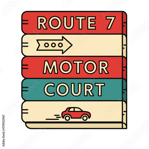 Retro Route 7 Motor Court sign with car and directional arrow graphic