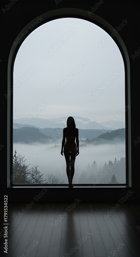 Fototapeta premium Silhouette of a woman standing by a window overlooking a misty mountain landscape indoors.