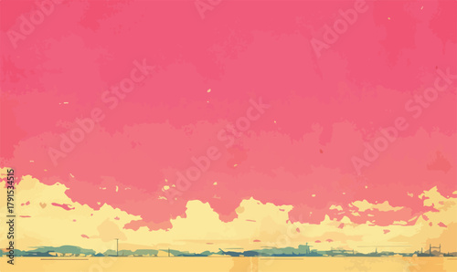 Céu rosa vibrante com nuvens e paisagem distante em estilo aquarela, arte digital vetorial.