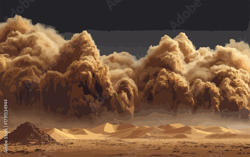 Vetor de tempestade de areia dramática com nuvens escuras e paisagem desértica