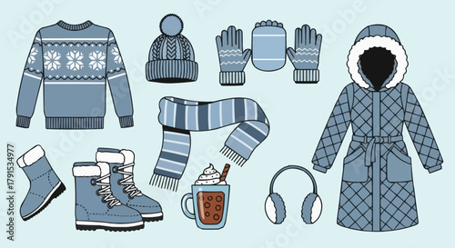 Winter clothing and accessories collection for cold weather comfort.