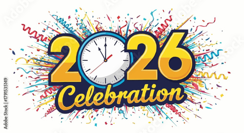 New Year 2026 Celebration with Clock and Festive Confetti.