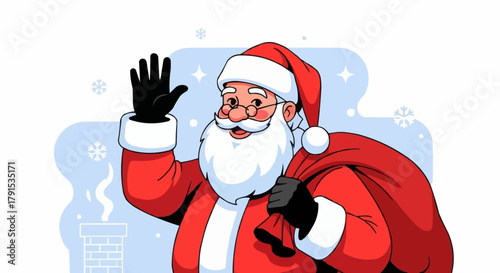 Santa Claus Waving Hello with His Gift Bag.