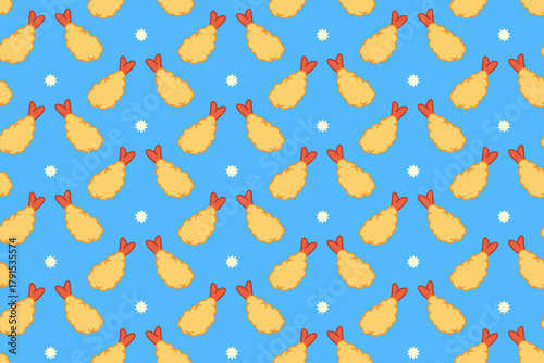 Shrimp tempura colorful illustration pattern on blue background set for restaurant. Ebi tempura cartoon vector pattern background for culinary. Fried prawn tempura doodle isolated motif for cafes