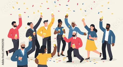 Joyful group celebrating with drinks and confetti in the air.