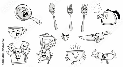 Funny anthropomorphic kitchen utensils and appliances with faces.