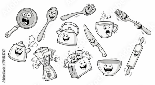 Monochrome illustration of various kitchen items as cartoon characters.
