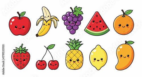 Cute Kawaii Fruits Collection Vector Illustration.