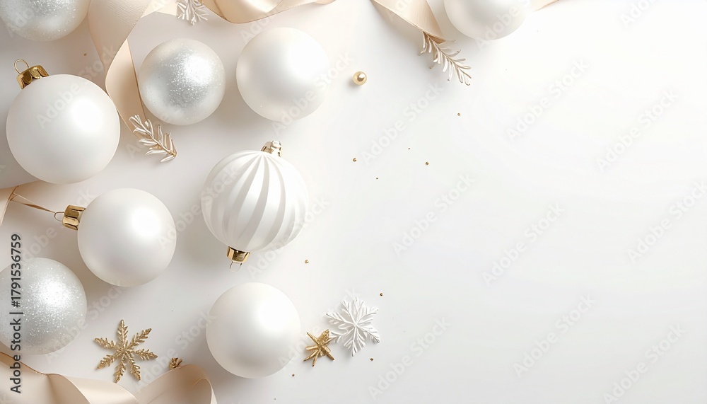 Fototapeta premium ホワイトとゴールドのクリスマスオーナメント｜4Kリアリスティック・ミニマリスト・コピースペース付き 