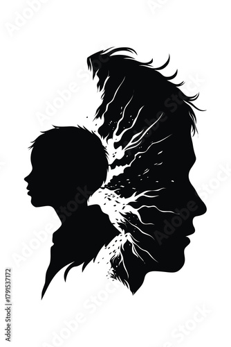 Surreal illustration of a fragmented silhouette revealing a child inside the adult mind, symbolizing inner wounds, forgotten memories, and the emotional echo of the inner child.