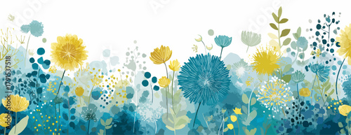 Padrão de flores abstratas em aquarela com tons de azul e amarelo, arte digital