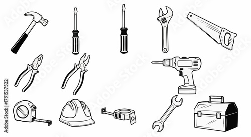 Collection of various hand tools for construction and repair work.