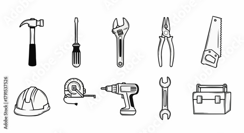 Hand drawn illustration of various construction and repair tools.
