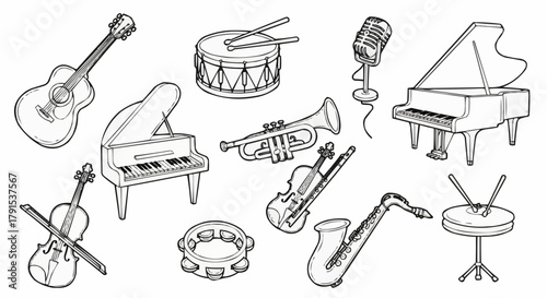 Collection of Musical Instruments Hand Drawn Sketch Style.