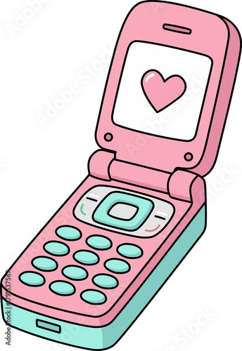 Cute Pink Flip Phone Cartoon with Heart. Y2K Aesthetic Retro Nostalgia Mobile Vector Illustration.