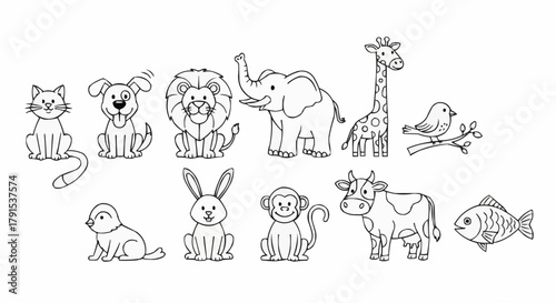 Collection of various cute cartoon animals in a simple line art style.