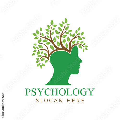 Green silhouette of a head with tree branches and leaves, representing psychology, mental health, and personal growth