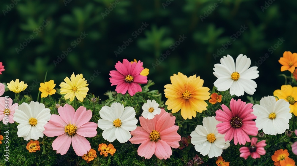 Fototapeta premium Stunning Diverse Array of Beautifully Colorful Flowers in Full Bloom Against a Dark Green Background