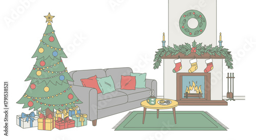 A cozy living room decorated for Christmas with a tree, fireplace, and gifts.