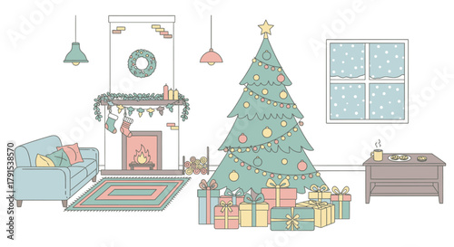 Christmas living room with tree, fireplace, sofa, and gifts.