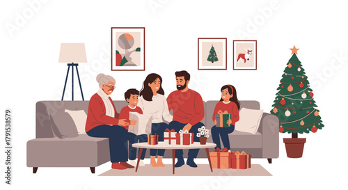 A happy multi-generational family celebrating Christmas together in a cozy living room, exchanging gifts by the decorated tree.