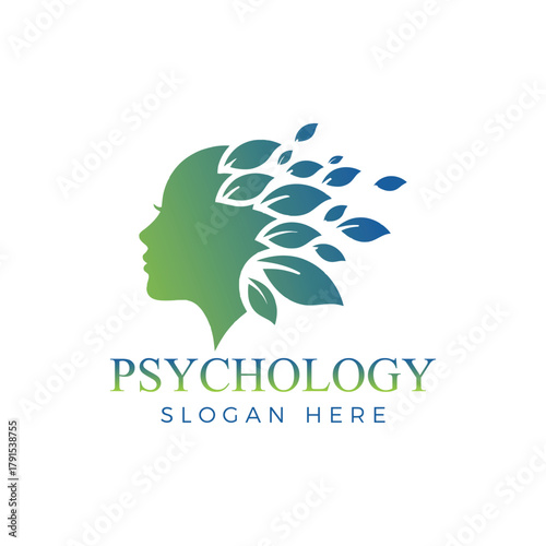 Psychology logo featuring a womans head with leaves, symbolizing nature and growth
