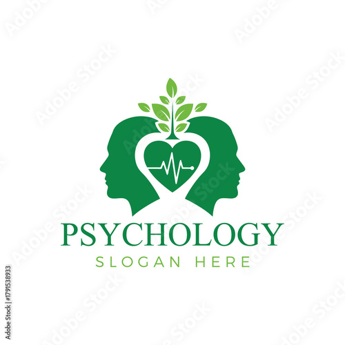 Psychology logo featuring two green human profiles, a heart with an ekg line, and leaves