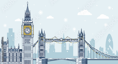 Winter scene of London featuring Big Ben, Tower Bridge, and cityscape with snowflakes.