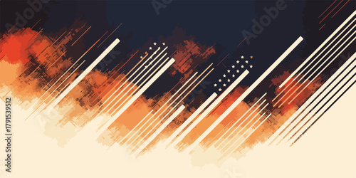 Abstrato vetor com linhas brancas diagonais e manchas de cor laranja e azul escuro