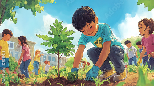 A child planting a tree in a community garden, surrounded by other children, symbolizing the importance of environmental peace and sustainability for future generations.