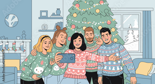 A group of diverse friends in festive Christmas sweaters taking a selfie together in a cozy, decorated living room.