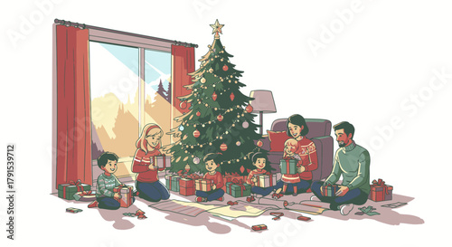 A family gathers around a decorated Christmas tree, opening presents on the floor in a cozy living room.